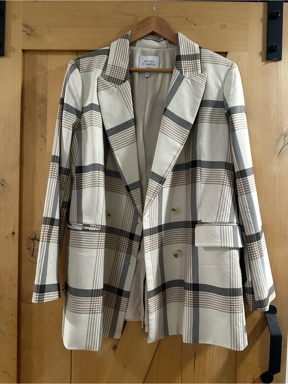 Maison d’Anelle Cream Plaid Double-Breasted Blazer